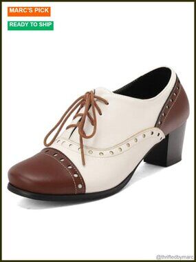 Women's Brogues Chunky Mid Heel Lace Up Oxford Pumps Block Heels Classic